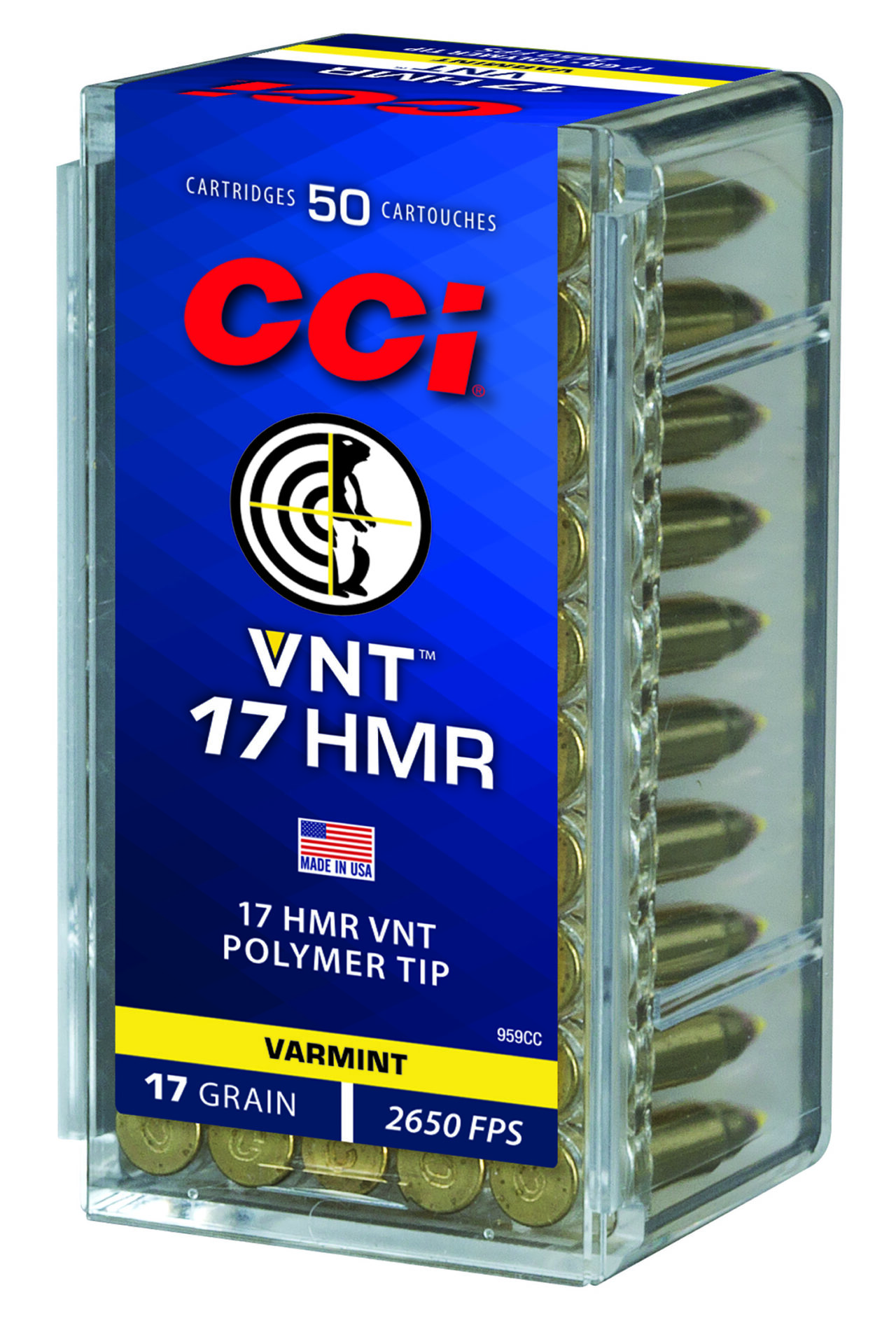 CCI 959CC VNT Rimfire 17 HMR, 17 gr/Varmint Tipped, 50 Per Box/ 40 Cs