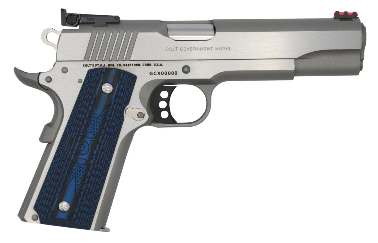 Colt Mfg O5070GCL 1911 Gold Cup Lite 45 ACP Caliber with 5" National Match Barrel, 8+1 Capacity, Stainless Steel Finish Frame, Serrated Slide, Scalloped Blue Checkered G10 Grip & Fiber Optic Front Sight
