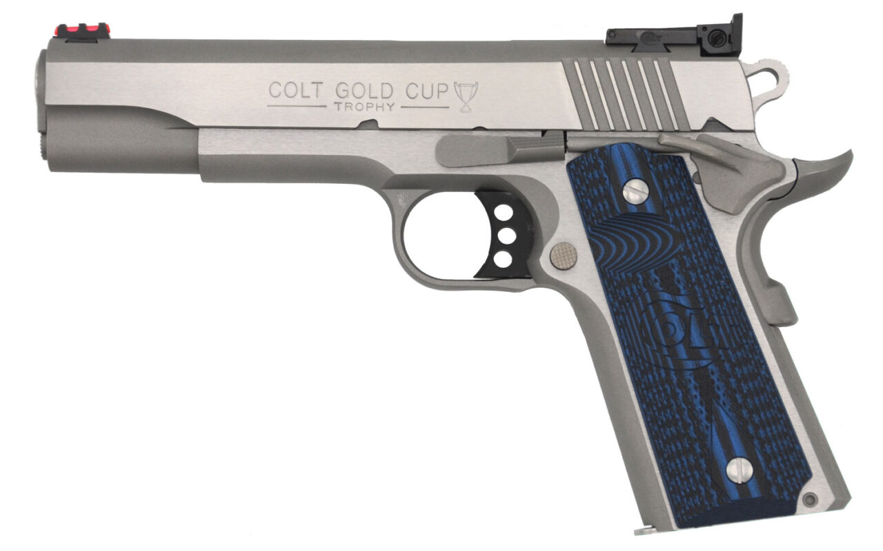 Colt Mfg O5070GCL 1911 Gold Cup Lite 45 ACP Caliber with 5" National Match Barrel, 8+1 Capacity, Stainless Steel Finish Frame, Serrated Slide, Scalloped Blue Checkered G10 Grip & Fiber Optic Front Sight - Image 2