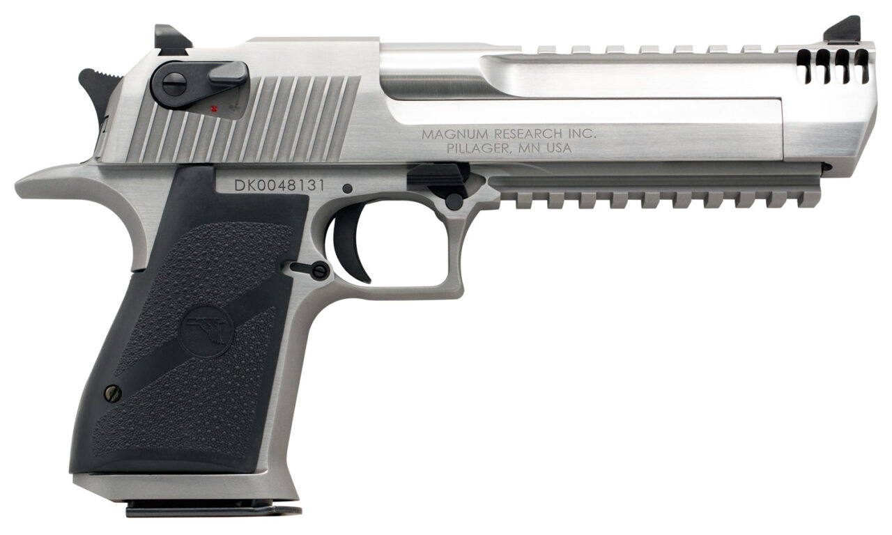 Magnum Research DE429SRMB Desert Eagle Mark XIX 429 DE Caliber with 6" Muzzle Brake/Picatinny Rail Barrel, 7+1 Capacity, Overall Matte Stainless Steel Finish, Picatinny Rail/Beavertail Frame, Serrated Slide & Black Rubber Grip