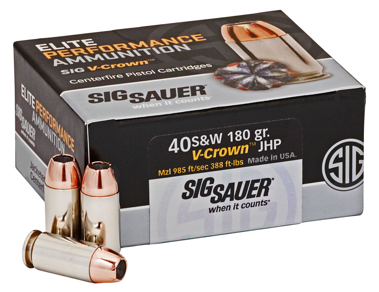 Sig Sauer E40SW250 Elite Defense 40 S&W 180 gr 985 fps V-Crown Jacketed Hollow Point (VJHP) 50 Bx/10 Cs