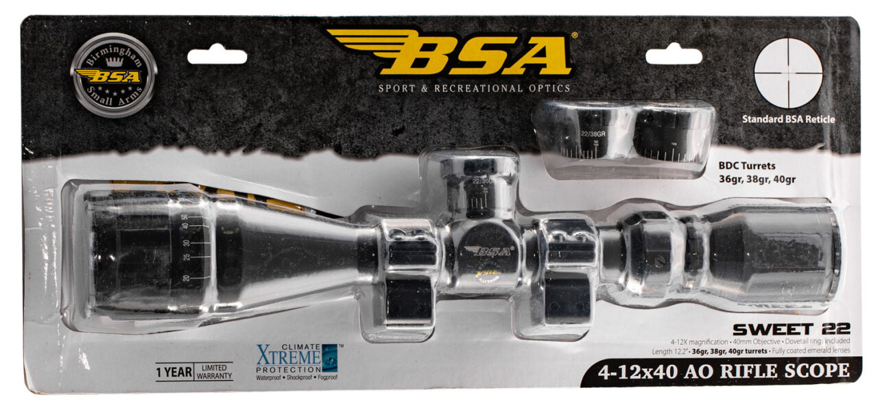 BSA 22412X40AO Sweet 22 Black Matte 4-12x 40mm AO 1" Tube 30/30 Duplex Reticle - Image 2