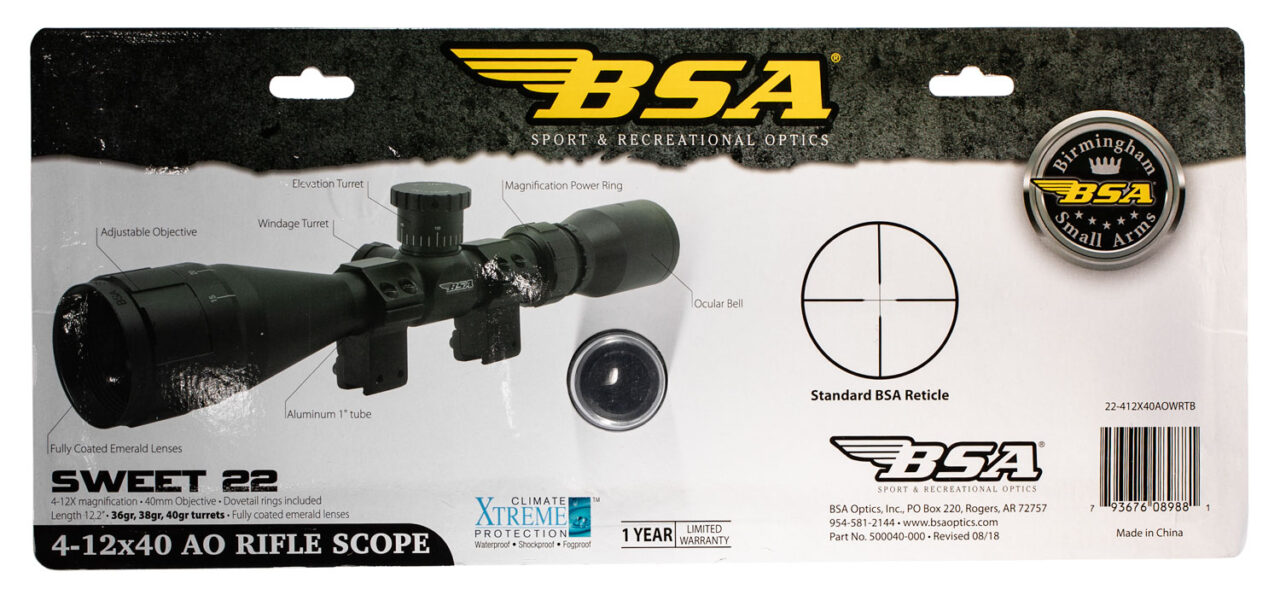 BSA 22412X40AO Sweet 22 Black Matte 4-12x 40mm AO 1" Tube 30/30 Duplex Reticle - Image 3