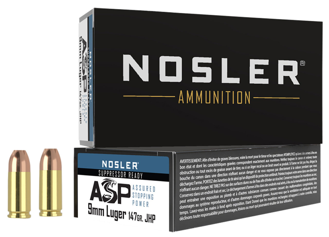 Nosler 51325 Assured Stopping Power pistols 9mm Luger 147 gr Jacketed Hollow Point (JHP) 50 Per Box/ 10 Cs