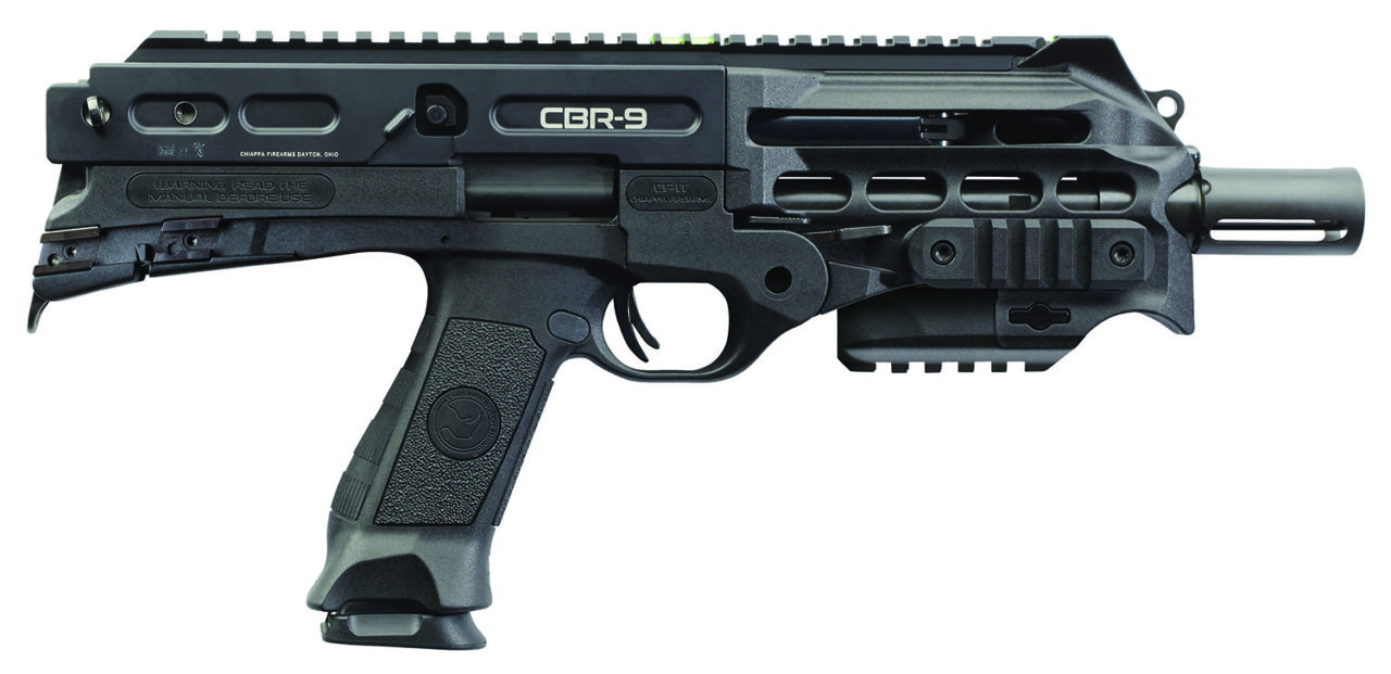 Chiappa Firearmss 500217 CBR-9 Black Rhino 9mm Luger 18+1 9″ Blued Barrel, Matte Black Polymer Frame w/Picatinny Rails, Synthetic Pistol Grip, Auto Ejection, No Brace, Includes 2 Magazines, Loader & Carry Sling