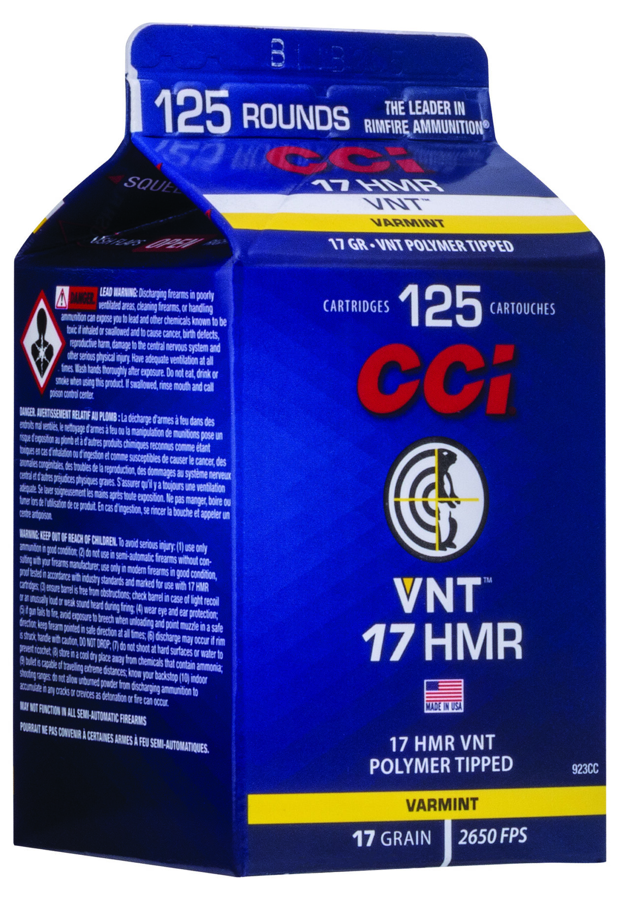 CCI 923CC VNT Rimfire 17 HMR, 17 gr/Varmint Tipped, 125 Per Box/ 10 Cs