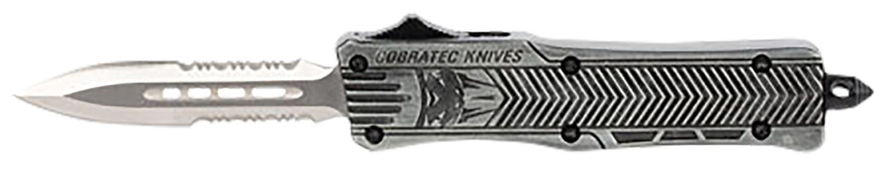 CobraTec Knives SSWCTK1SDAG2SS CTK-1 2.75" OTF Part Serrated D2 Steel Blade/Stonewashed Aluminum Handle Features Glass Breaker Includes Pocket Clip