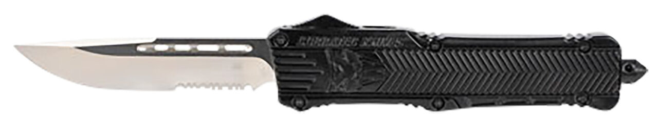 CobraTec Knives LBCTK1LDS CTK-1 Large 3.75" OTF Drop Point Part Serrated D2 Steel Blade/ Black Aluminum Handle Features Glass Breaker Includes Pocket Clip