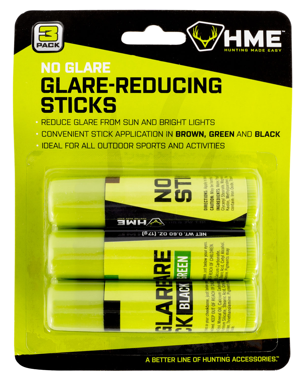 HME HMESTK3PK Face Paint No Glare Black/Brown/Dark Green Stick