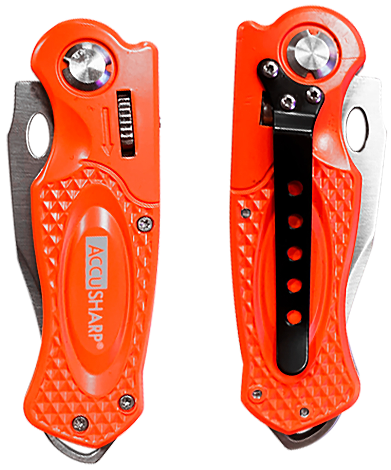 AccuSharp 709C Sport 3" Folding Plain Stainless Steel Blade/Blaze Orange Anodized Aluminum Handle Includes Belt Clip - Image 2