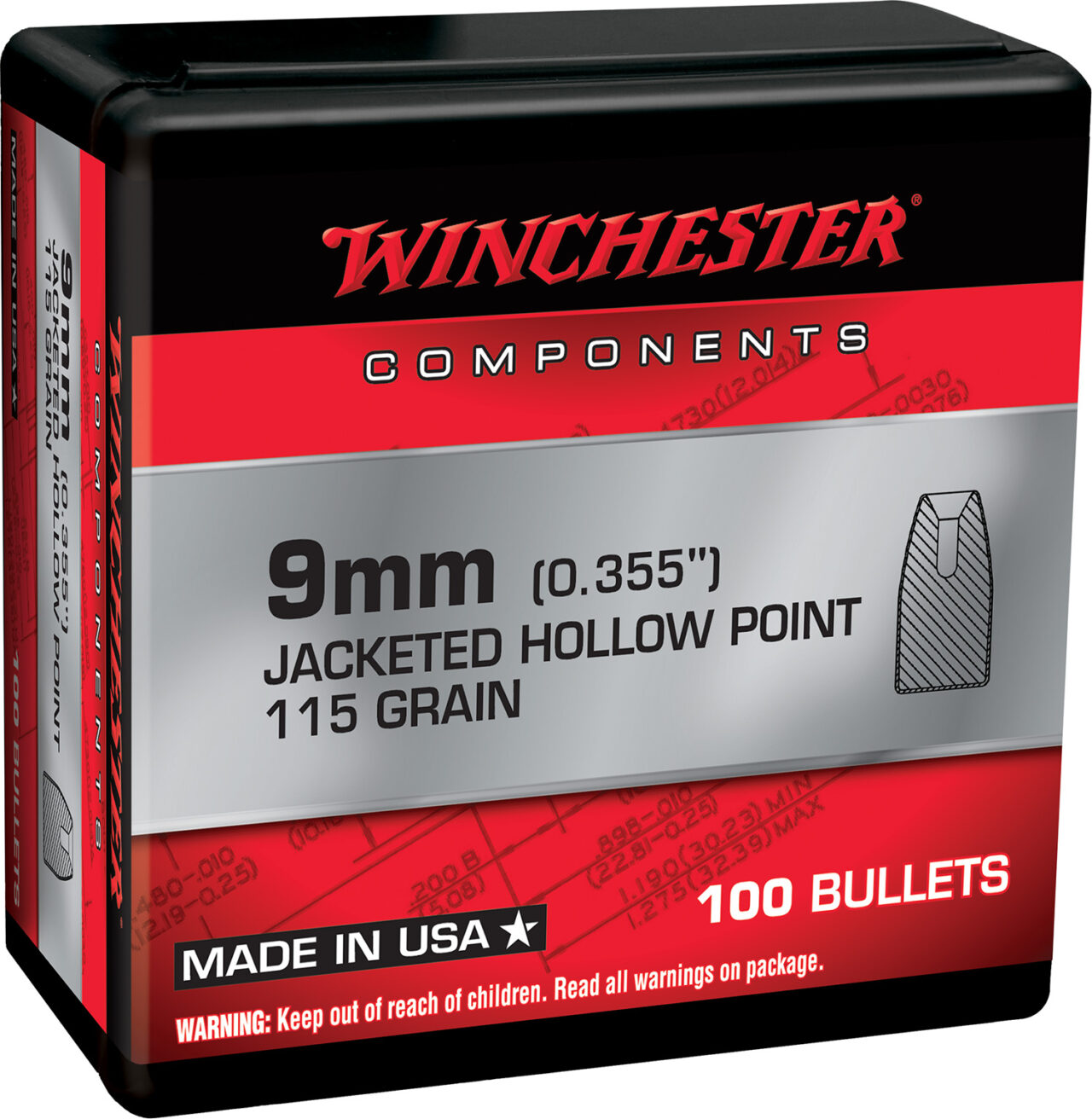 Winchester Ammo WB9JHP115X Centerfire pistols Reloading 9mm .355 115 gr Jacketed Hollow Point (JHP)
