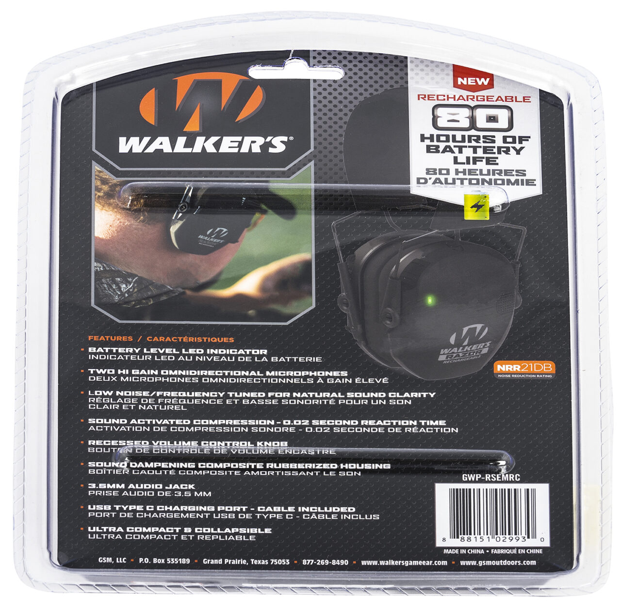 Walker's GWPRSEMRC Razor Rechargeable Electronic Muff 21 dB Over the Head Black Polymer - Image 2