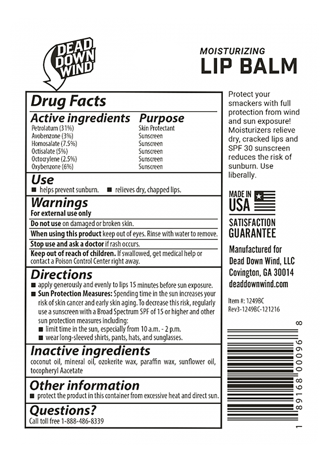 Dead Down Wind 1249BC Lip Balm 0.15 oz Unscented Broad Spectrum SPF 30 Sunscreen - Image 2