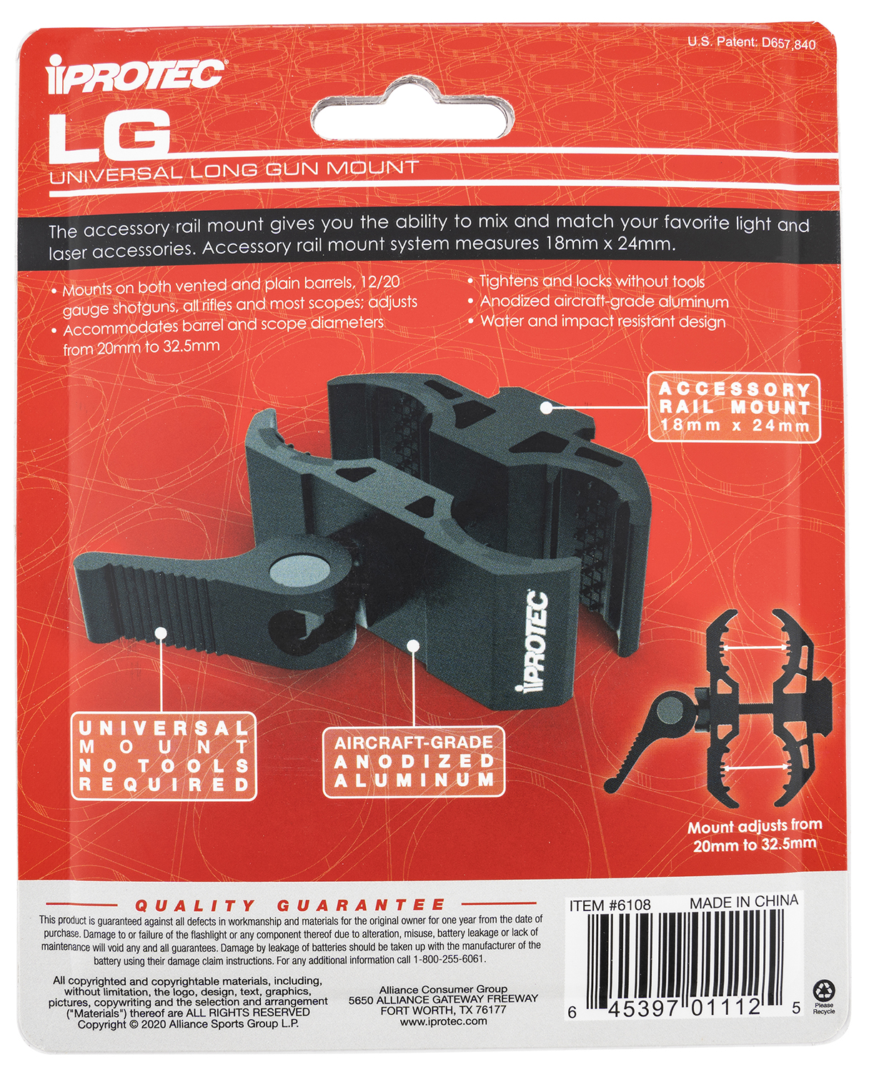 iProtec 6108 Universal Mount w/Accessory Rail Mount Black Anodized Universal Aluminum Long Gun - Image 2