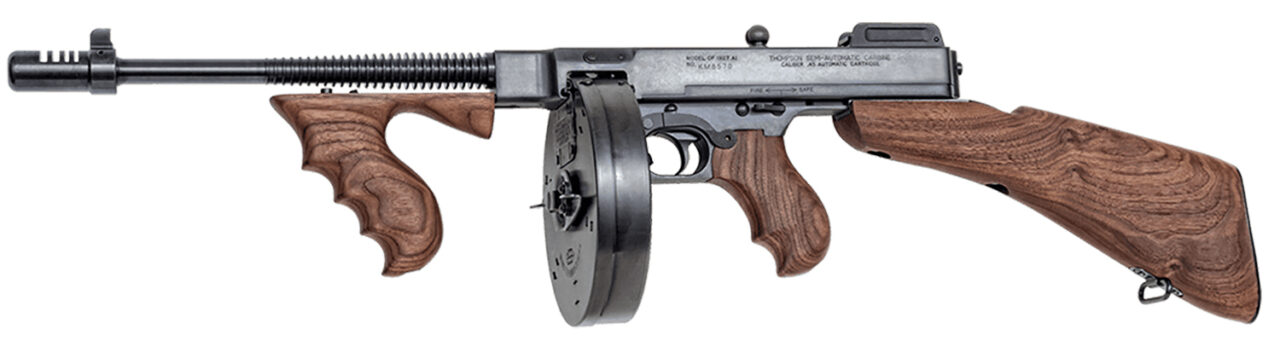 Thompson T1100D 1927A-1 Deluxe Carbine 45 ACP Caliber with 18" Barrel, 20+1 Capacity (Stick), 100+1 Capacity (Drum), Blued Metal Finish, American Walnut Stock Wood Grip Right Hand