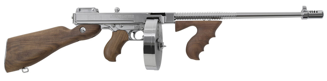 Thompson TI50DCR 1927A-1 Deluxe Carbine 45 ACP Caliber with 18" Barrel, 20+1 Capacity (Stick), 50+1 Capacity (Drum), Hard-Chrome Plated Metal Finish, American Walnut Stock Wood Grip Right Hand - Image 2