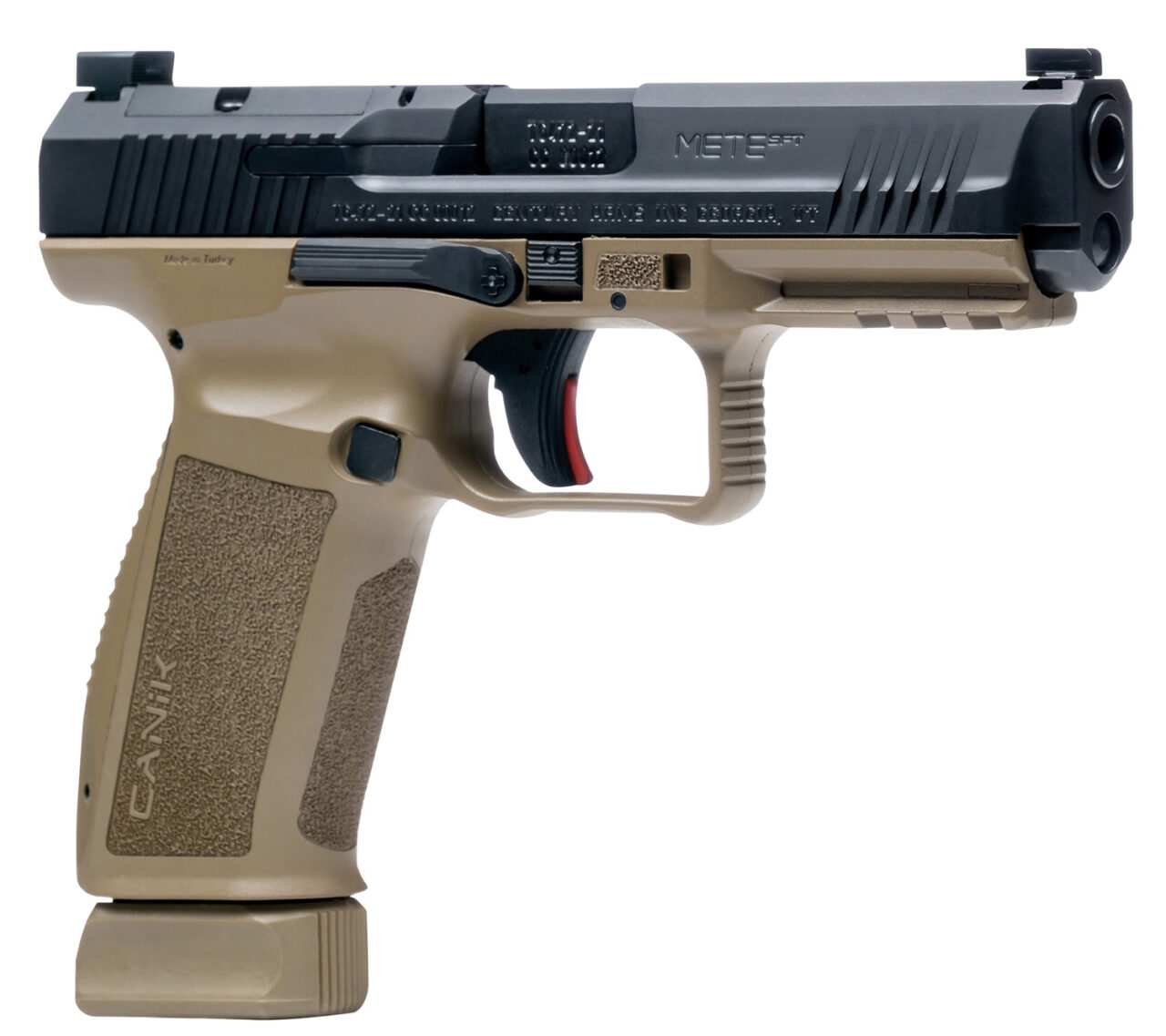 Canik HG5636N Mete SFT 9mm Luger 18+1/20+1 4.46" Barrel, Flat Dark Earth Frame w/Picatinny Accessory Rail, Serrated Optic Cut Steel Slide w/Nitride Finish, Interchangeable Backstrap Grip, Includes 2 Magazines & Holster