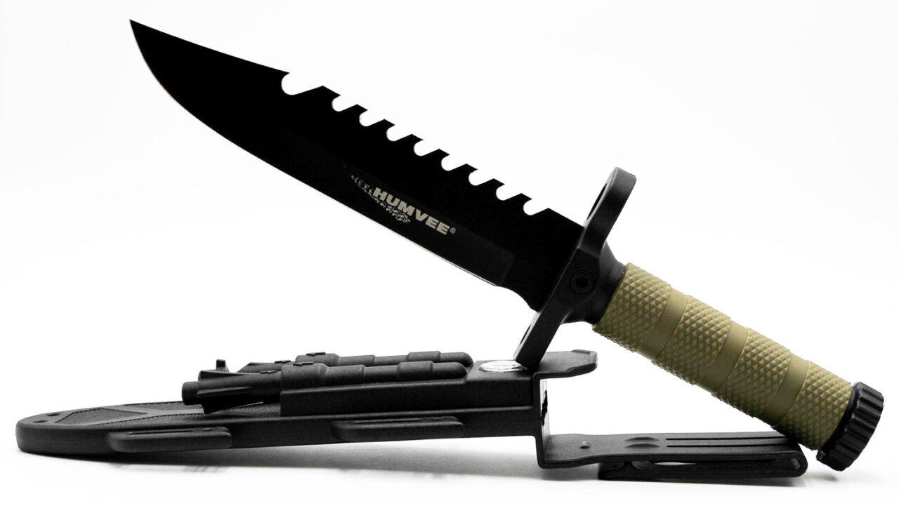 Humvee Adventure Gear HMVKFXB02 Humvee Survival Knife 7.50" Fixed Sawback Plain Black Stainless Steel Blade Black Textured Rubber Handle Includes Sheath