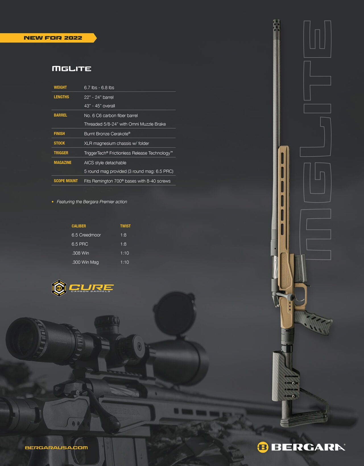 Bergara Rifles BPR37300WM Premier MG Lite 300 Win Mag 5+1 24" Carbon Fiber CURE Carbon Fiber Barrel, Graphite Black Cerakote Steel Receiver, Flat Dark Earth XLR Element Folding Chassis 4.0 Stock, Right Hand - Image 2