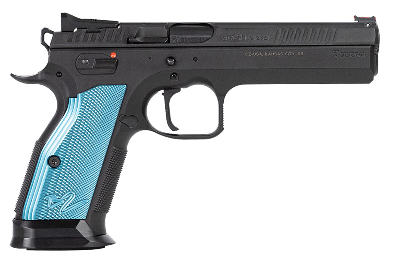 CZ-USA 91222 TS 2 40 S&W 17+1 5.28" Non-Tilted Bull Barrel, Black Serrated Slide & Beavertail Frame, Blue Checkered Aluminum Grips, Flared Magwell, Fiber Optic Sights, Flat Face Trigger, Thumb Rest
