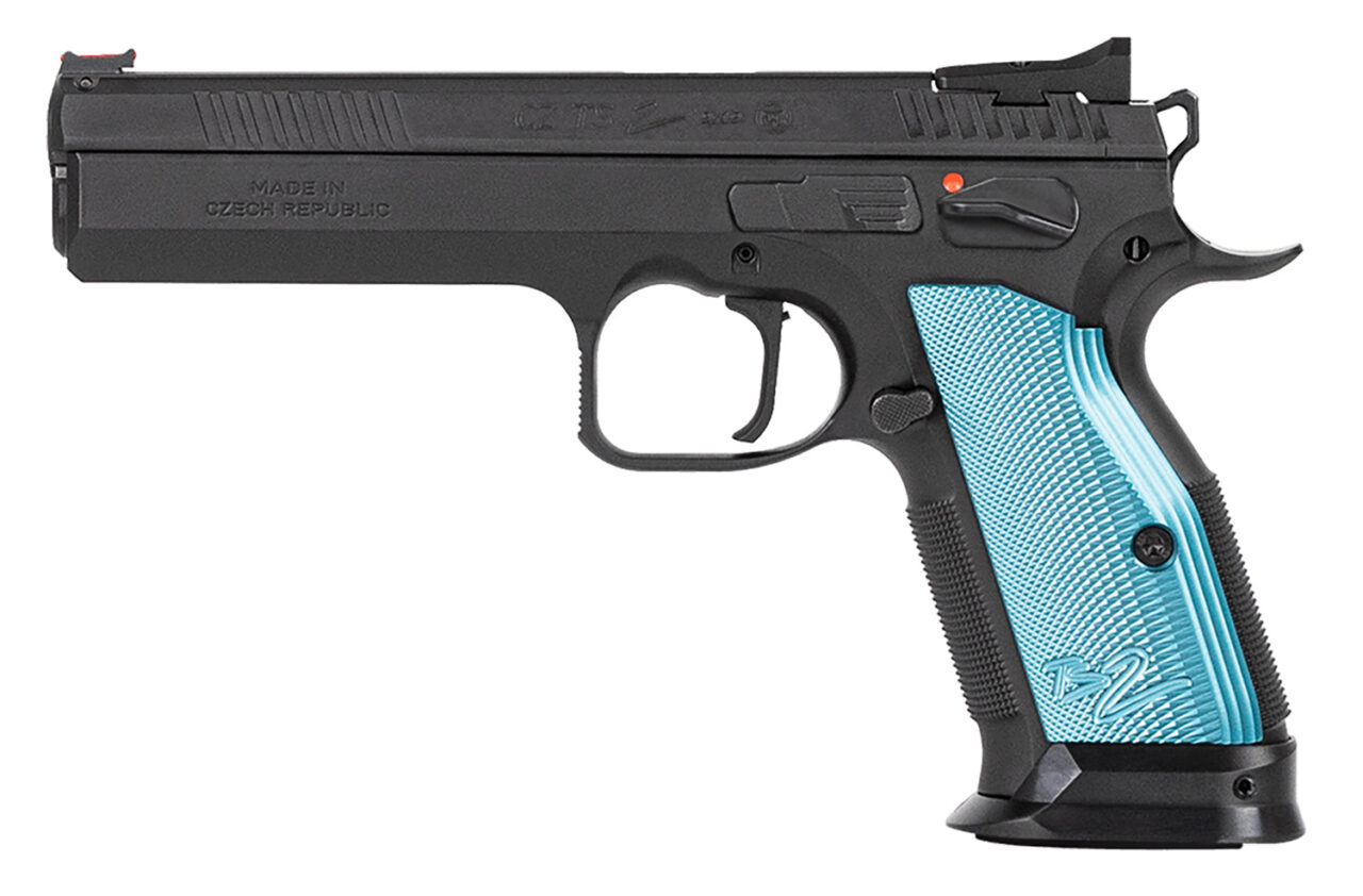 CZ-USA 91222 TS 2 40 S&W 17+1 5.28" Non-Tilted Bull Barrel, Black Serrated Slide & Beavertail Frame, Blue Checkered Aluminum Grips, Flared Magwell, Fiber Optic Sights, Flat Face Trigger, Thumb Rest - Image 2
