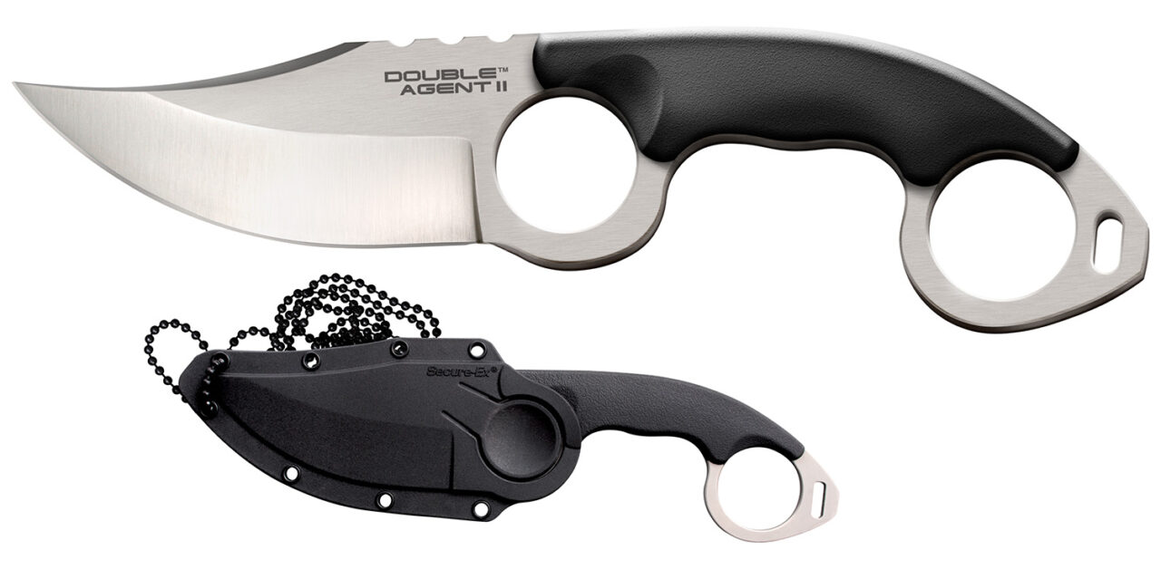 Cold Steel CS39FN Double Agent ll 3" Fixed Plain Satin AUS-8A SS Blade Black w/Double Ring Griv-Ex Handle Includes Bead Chain Lanyard/Sheath