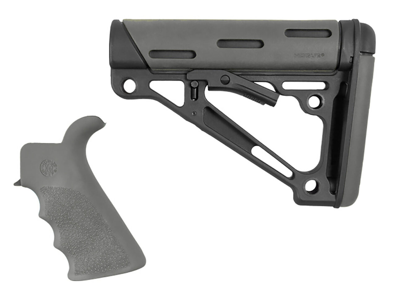 Hogue 15556 OverMolded Collapsible Buttstock made of Synthetic Material with Black Finish, Slate Gray OverMolded Rubber & Includes Slate Gray Rubber Finger Grooved Grip for AR-15, M16 with Mil-Spec Buffer Tube (Tube Not Included)