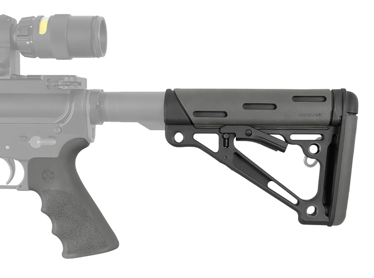 Hogue 15556 OverMolded Collapsible Buttstock made of Synthetic Material with Black Finish, Slate Gray OverMolded Rubber & Includes Slate Gray Rubber Finger Grooved Grip for AR-15, M16 with Mil-Spec Buffer Tube (Tube Not Included) - Image 2