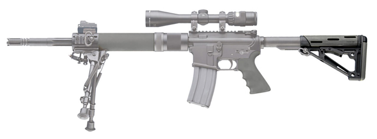 Hogue 15556 OverMolded Collapsible Buttstock made of Synthetic Material with Black Finish, Slate Gray OverMolded Rubber & Includes Slate Gray Rubber Finger Grooved Grip for AR-15, M16 with Mil-Spec Buffer Tube (Tube Not Included) - Image 3