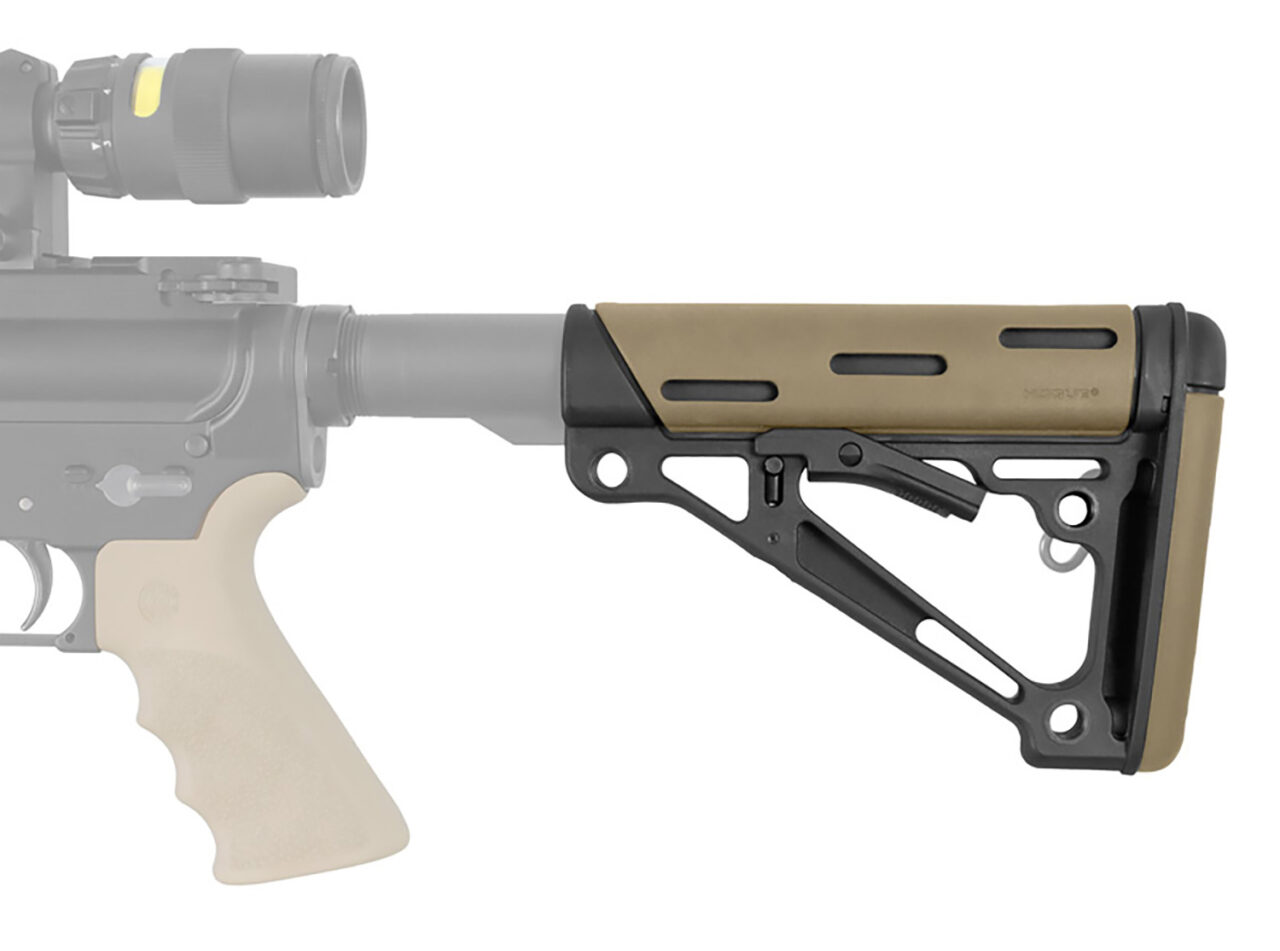 Hogue 15340 OverMolded Collapsible Buttstock made of Synthetic Material with Black Finish & Flat Dark Earth OverMolded Rubber for AR-15, M16, M4 with Mil-Spec Buffer Tube (Tube Not Included) - Image 2