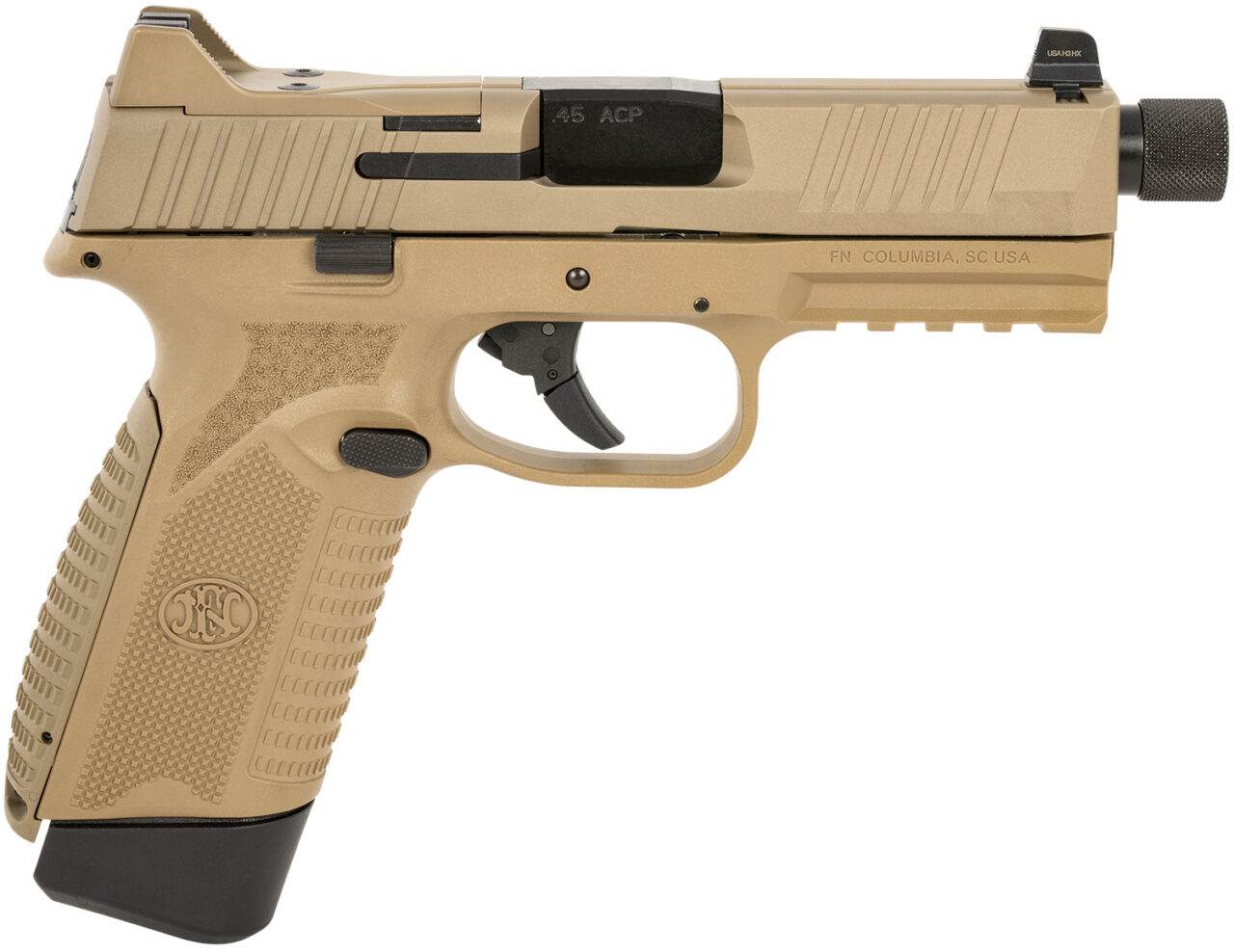 FN 66101386 545 Tactical 45 ACP 10+1 4.71" Black Target Crown/Threaded Steel Barrel, Flat Dark Earth PVD Optic Cut/Serrated Slide & Polymer Frame w/Picatinny Rail, Flat Dark Earth Textured Interchangeable Backstrap Grips Ambidextrous