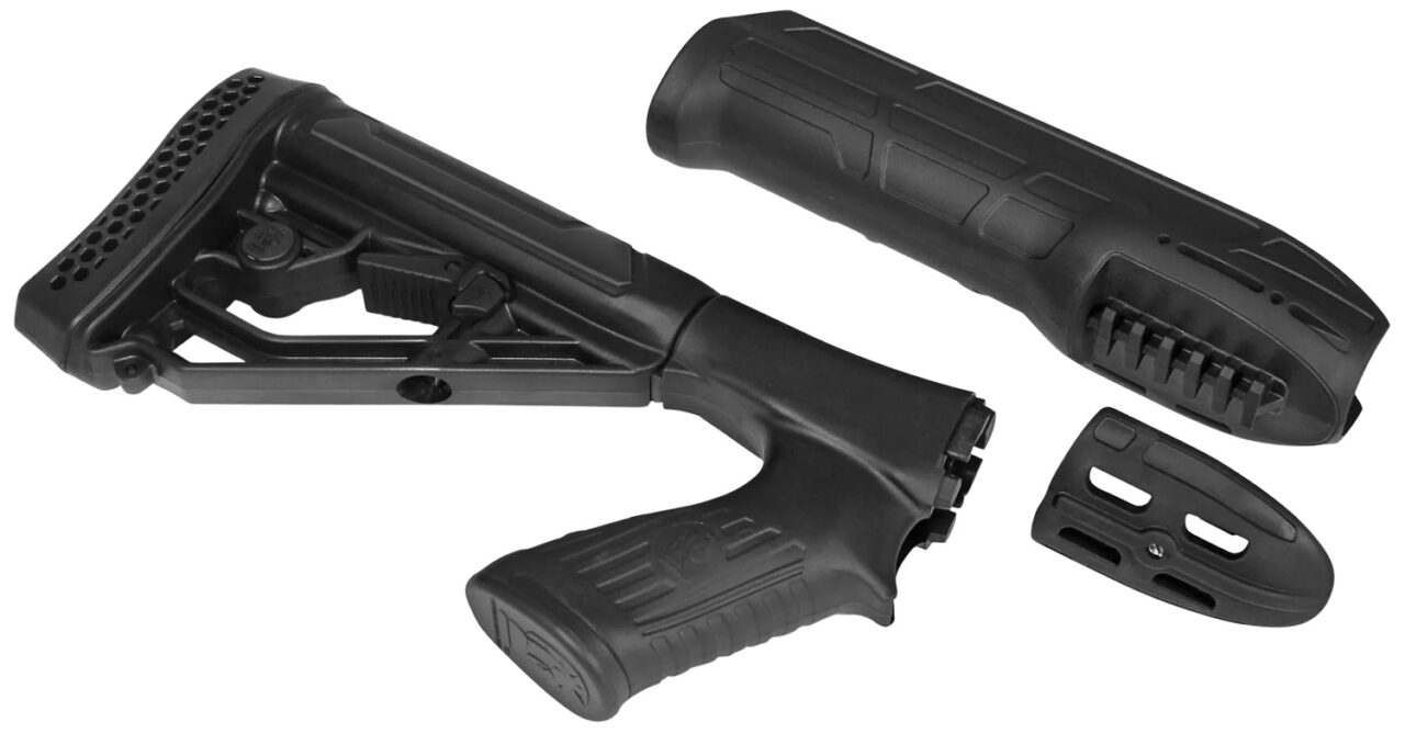 ADAPTIVE TACTICAL AT02000 EX Performance Stock & Forend Black Synthetic, Adj. M4 Style Stock with Swivel Stud, Vented Rubber Butt Pad, 2" Concealed Picatinny Rail on Forend, Fits Remington 870/1100/11-87