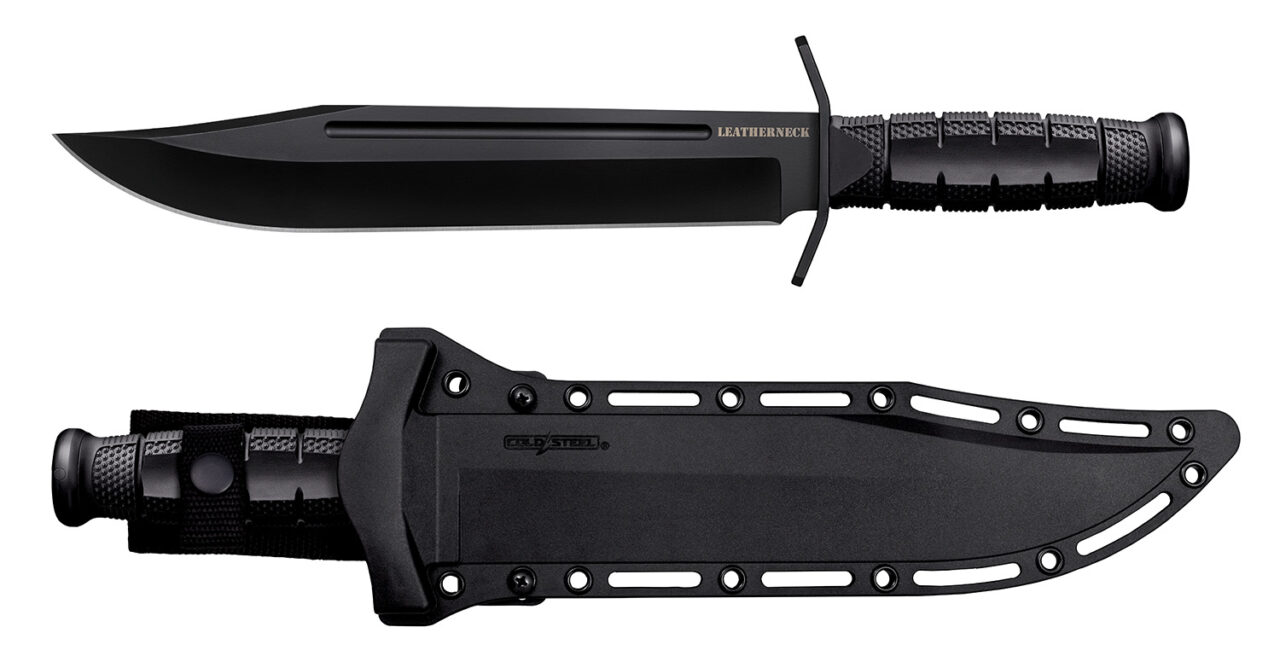 Cold Steel CSFXLTHRNK Leatherneck 10.50" Fixed Bowie Plain Non-Reflective Black D2 Steel Blade/ 4.75" Black w/Curved Quillons Kray-Ex Handle