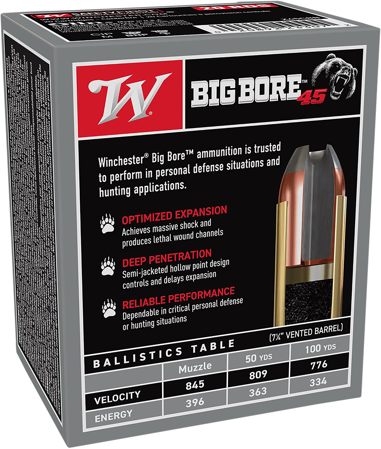 Winchester Ammo X45CBB Big Bore 45 Colt (LC) 250 gr Semi-Jacketed Hollow Point (SJHP) 20 Per Box/ 10 Cs - Image 2