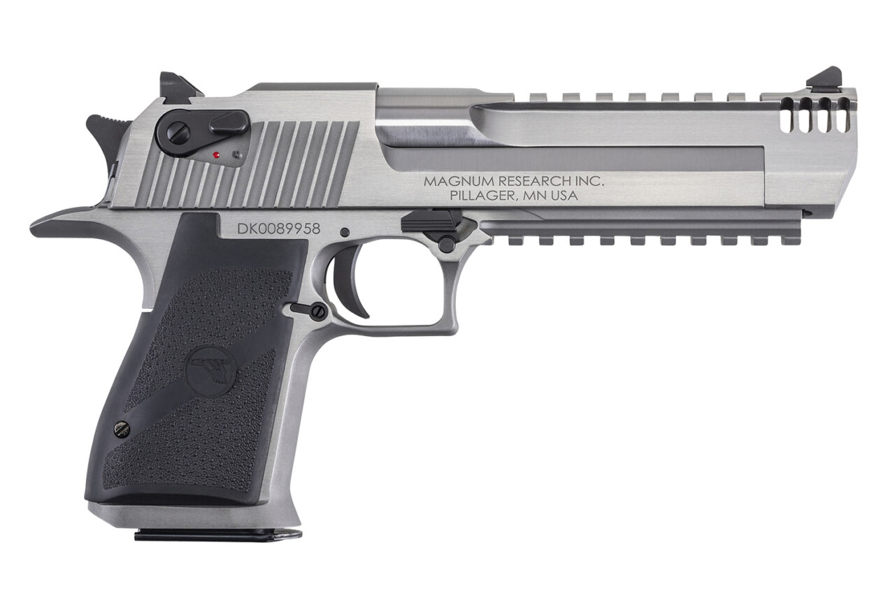 Magnum Research DE44SRMB Desert Eagle Mark XIX 44 Rem Mag Caliber with 6" Muzzle Brake/Picatinny Rail Barrel, 7+1 Capacity, Overall Stainless Steel Finish, Picatinny Rail/Beavertail Frame, Serrated Slide & Black Polymer Grip