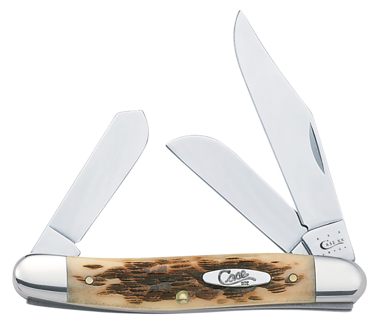 Case 00128 Stockman Medium 2.92"/2.15"/1.90" Folding Clip/Sheepsfoot/Spey Plain Mirror Polished Tru-Sharp SS Blade/Peach Seed Jigged Amber Bone Handle