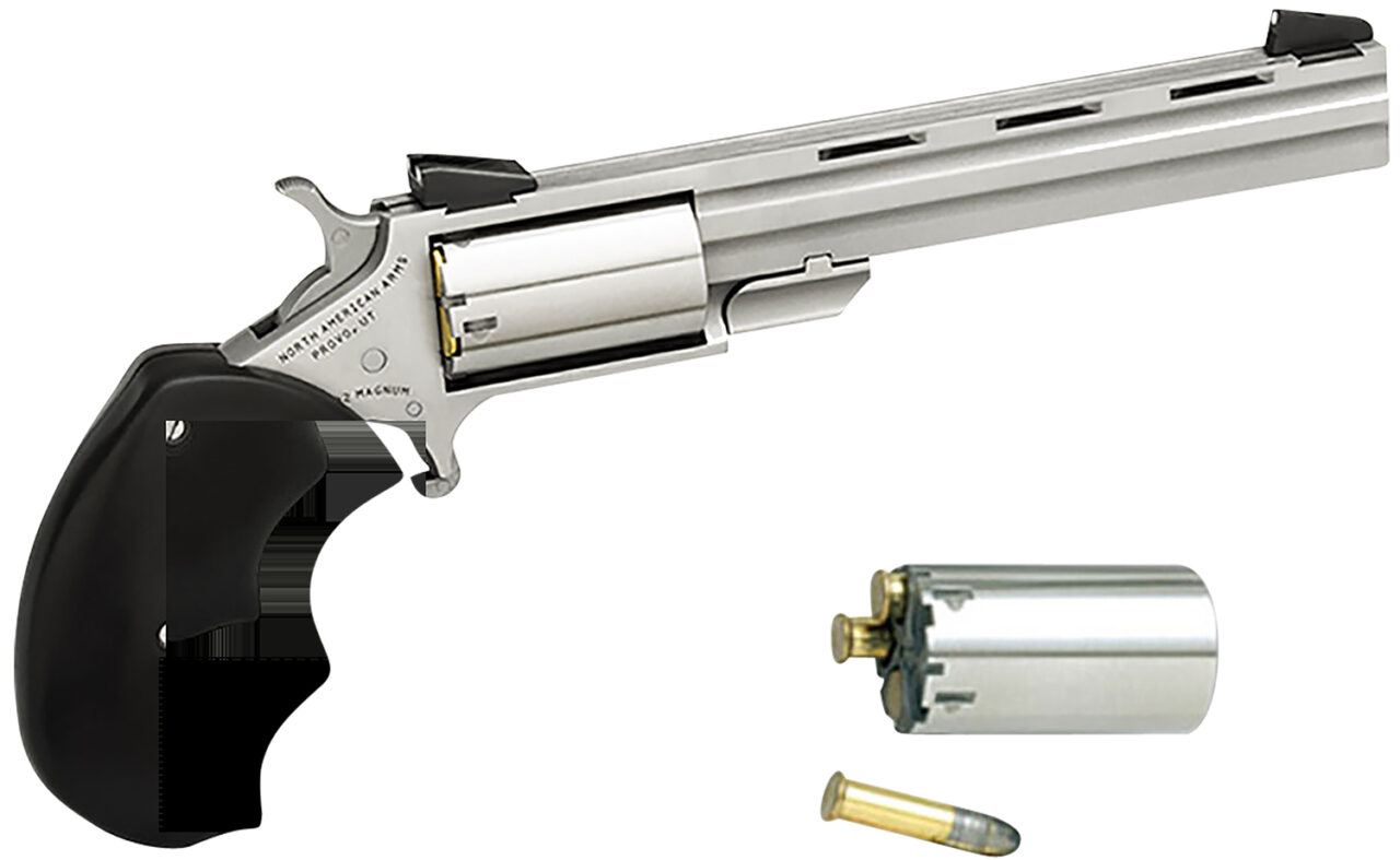 North American Arms MMC Mini-Master *CA Compliant 22 LR or 22 WMR Caliber with 4" Vent Rib Barrel, 5rd Capacity Cylinder, Overall Stainless Steel Finish & Finger Grooved Black Rubber Grip Includes Cylinder
