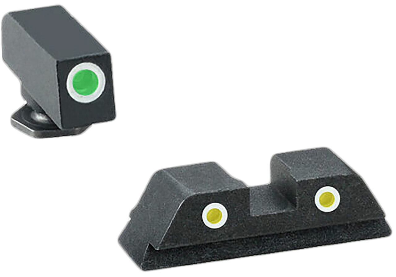 AmeriGlo GL121 Classic Tritium Sight for Glock Black | Green Tritium with White Outline Front Sight Yellow Tritium with White Outline Rear Sight Set