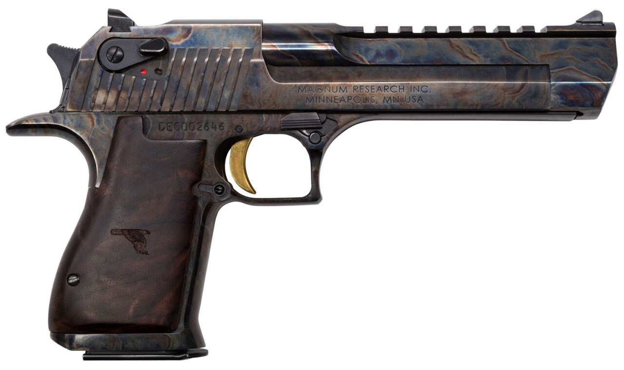 Magnum Research DE44CH Desert Eagle Mark XIX 44 Rem Mag Caliber with 6" Picatinny Rail Barrel, 8+1 Capacity, Overall Clear Cerakote Color Case Hardened Finish Carbon Steel, Beavertail Frame, Serrated Slide & Engraved Desert Eagle Logo Walnut Grip