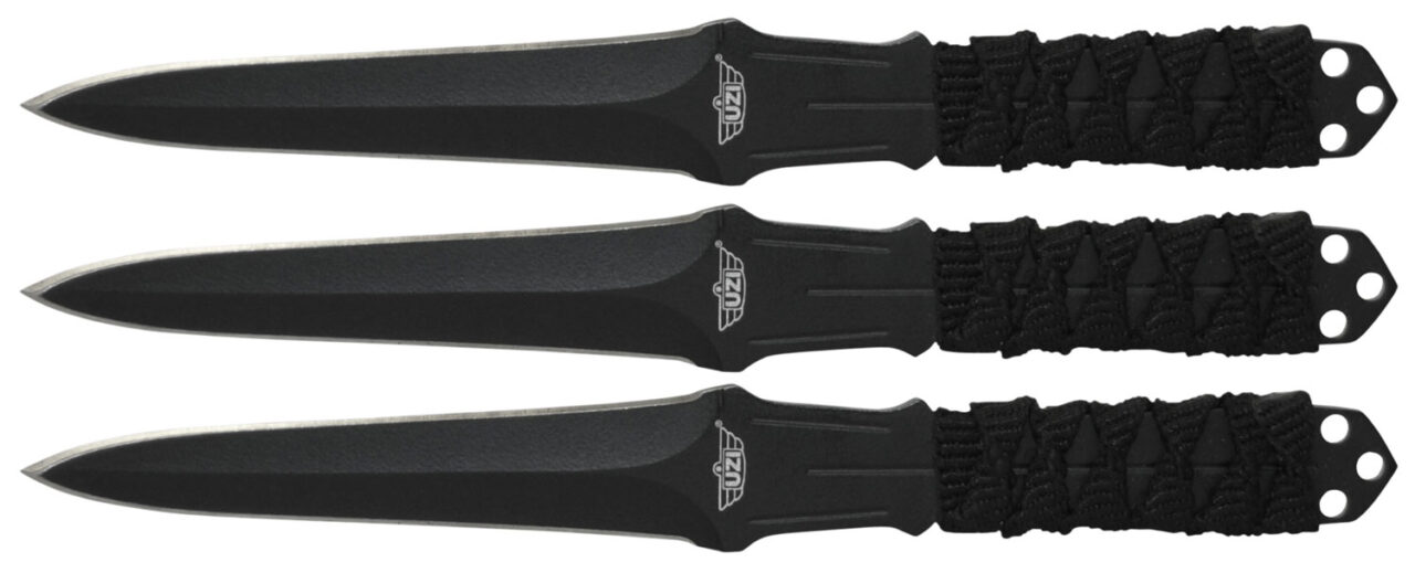 Uzi Accessories UZKTRW003 Throwing Knives 3" Fixed Straight Back Plain Black Stainless Steel Blade Black Nylon Cord Wrapped Handle