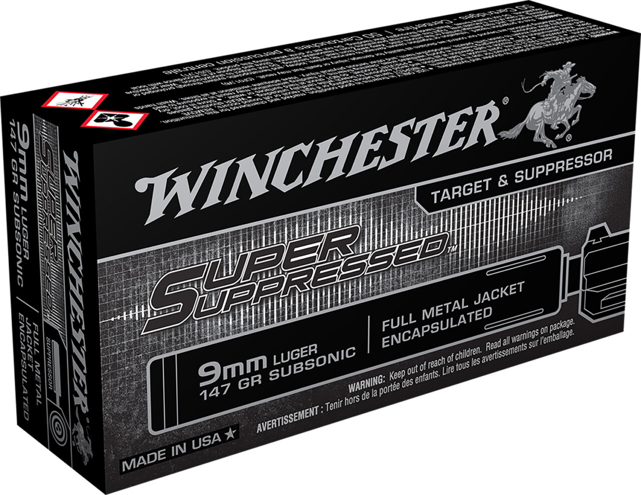 Winchester Ammo SUP9 Super Suppressed 9mm Luger Subsonic 147 gr Encapsulated Full Metal Jacket 50 Per Box/ 10 Cs