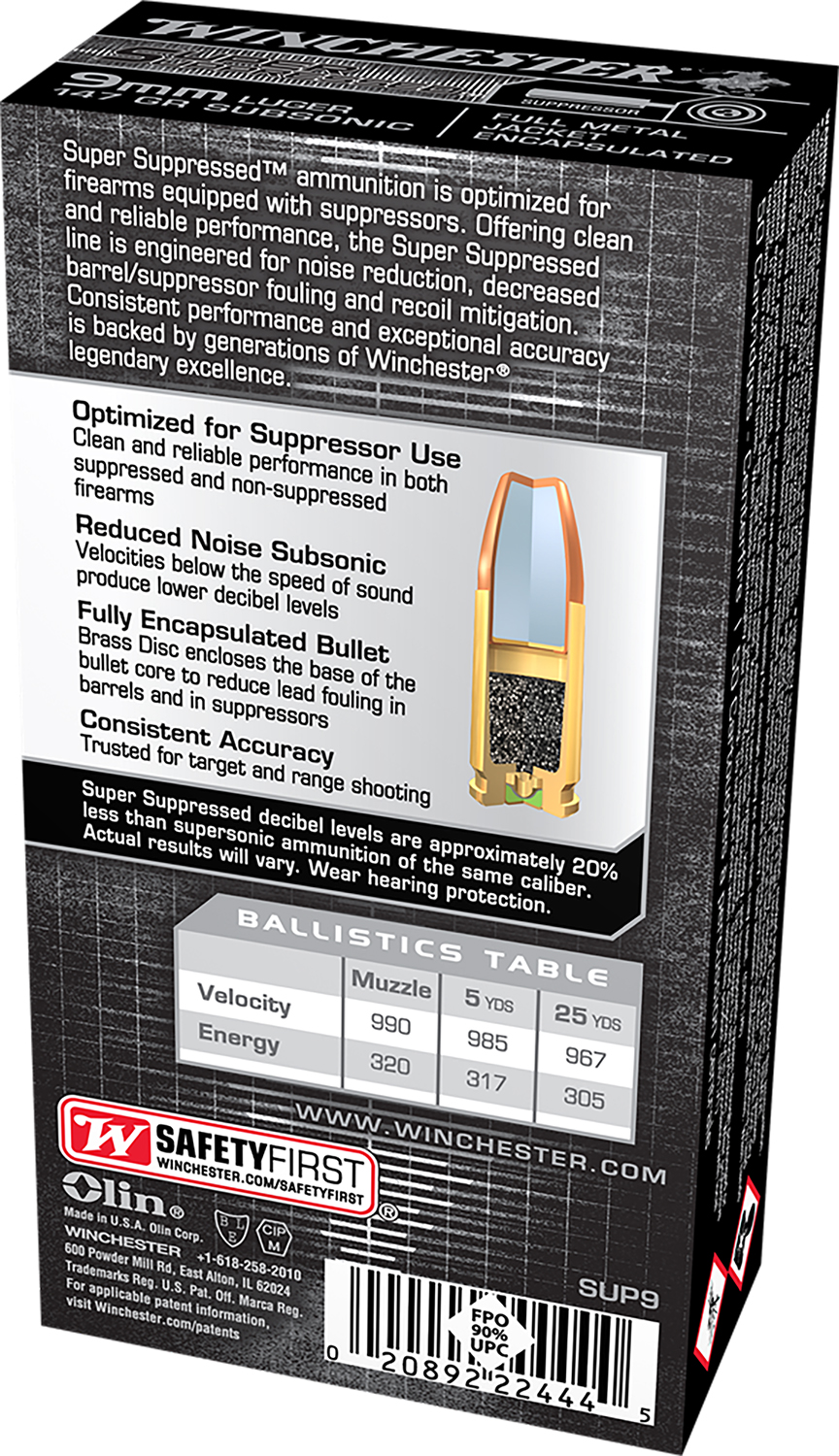 Winchester Ammo SUP9 Super Suppressed 9mm Luger Subsonic 147 gr Encapsulated Full Metal Jacket 50 Per Box/ 10 Cs - Image 2