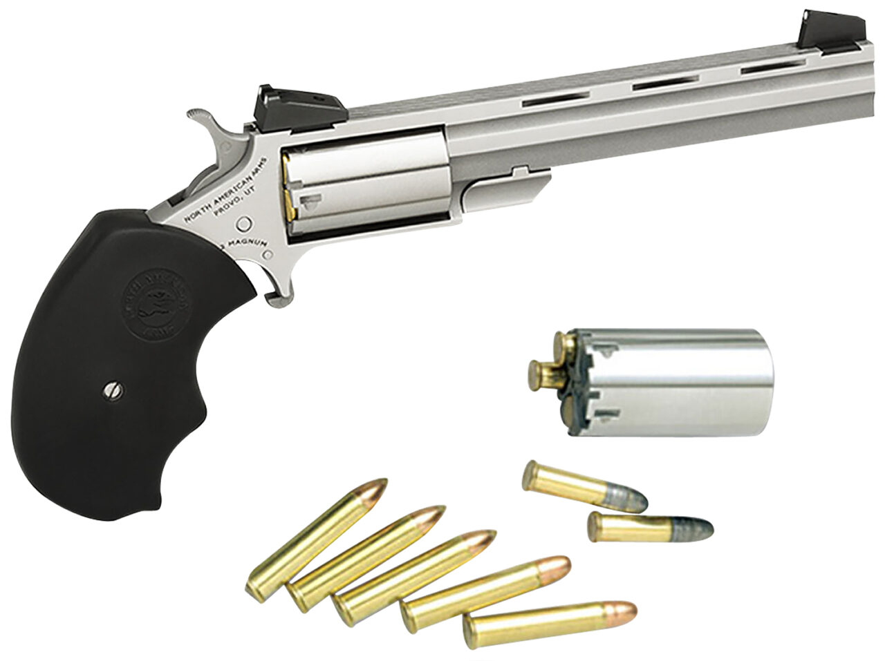 North American Arms MMTC Mini-Master *CA Compliant 22 LR or 22 WMR Caliber with 4" Vent Rib Barrel, 5rd Capacity Cylinder, Overall Stainless Steel Finish, Finger Grooved Black Rubber Grip & Adjustable Sights Includes Cylinder