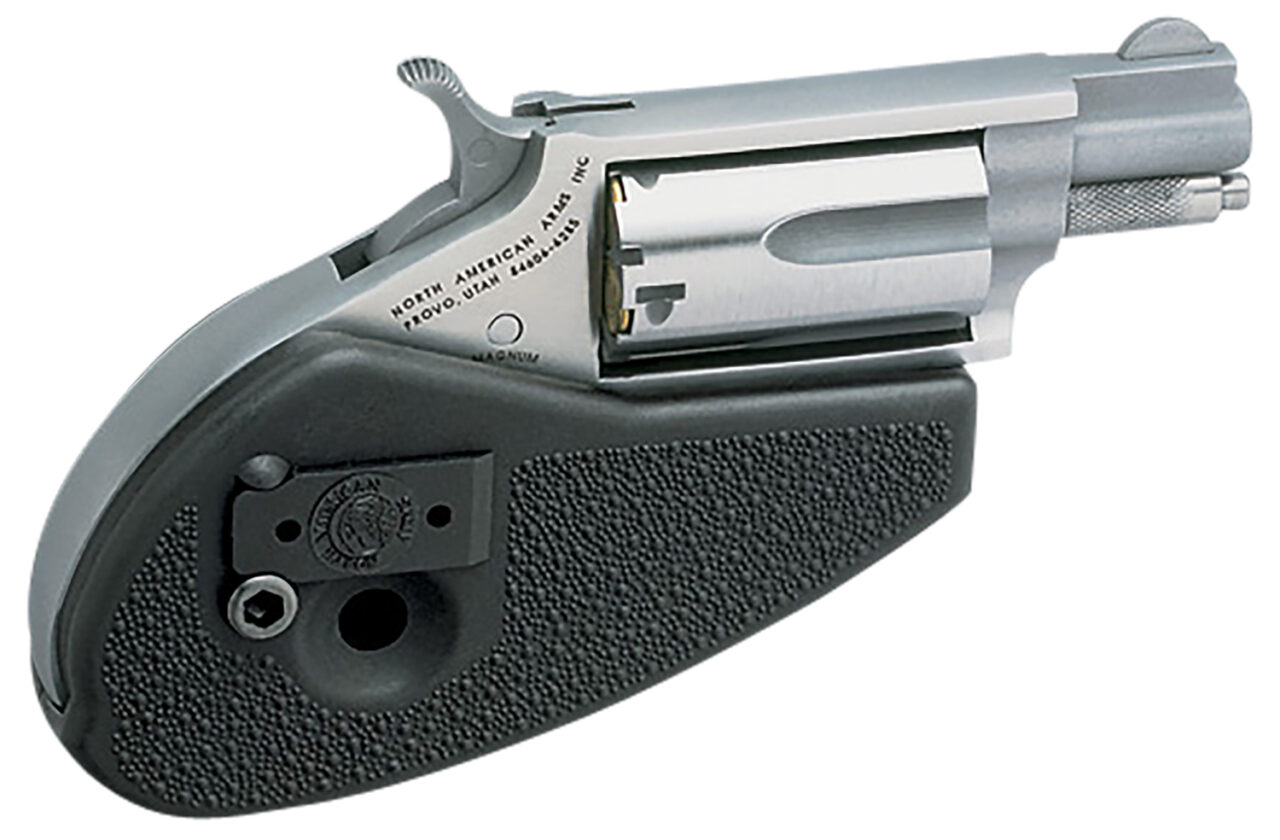 North American Arms 22MSHG Mini-Revolver 22 WMR 5 Shot 1.13" Barrel, Overall Stainless Steel Finish, Black Synthetic Holster Grip - Image 2