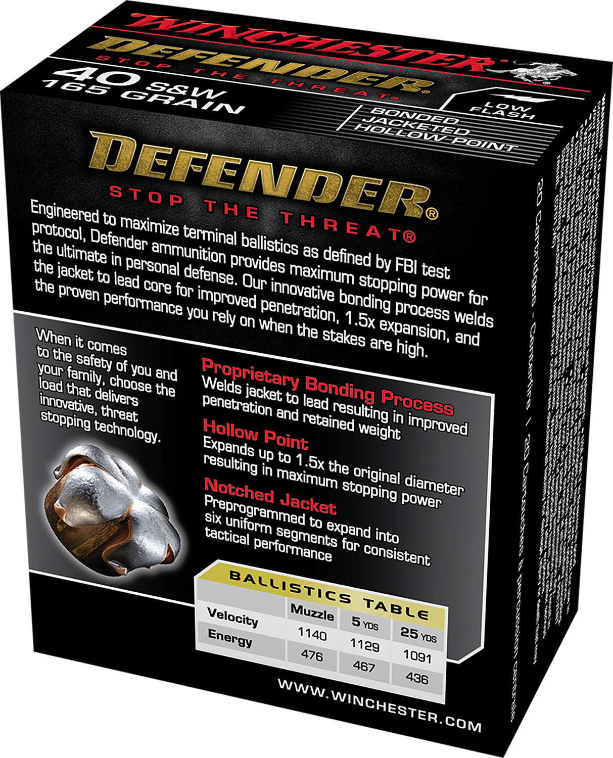 Winchester Ammo S40SWPDB Defender 40 S&W 165 gr Bonded Jacket Hollow Point 20 Bx/10 Cs - Image 2