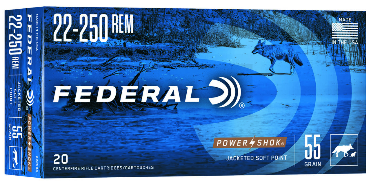 Federal 22250A Power-Shok 22-250 Rem 55 gr Jacketed Soft Point (JSP) 20 Per Box/ 10 Cs