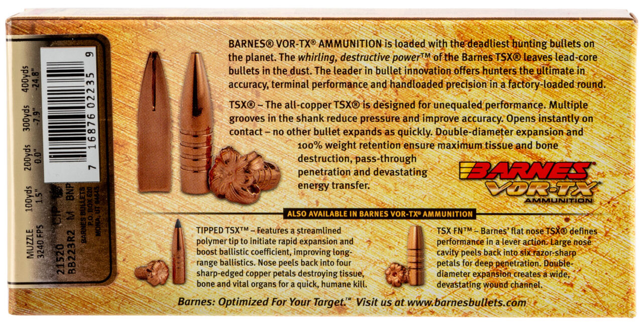 Barnes Bullets 21520 VOR-TX Rifles 223 Rem 55 gr, Barnes TSX Flat Base (TSXFB), 20 Per Box/ 10 Cs - Image 3