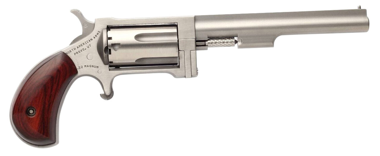 North American Arms SW4 Sidewinder *CA Compliant 22 WMR Caliber with 4 Barrel, 5rd Capacity Cylinder, Overall Stainless Steel Finish & Rosewood Birdshead Grip