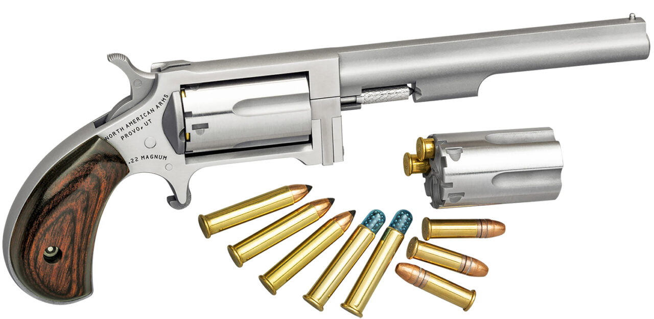 North American Arms SWC4 Sidewinder *CA Compliant 22 LR or 22 WMR Caliber with 4" Barrel, 5rd Capacity Cylinder, Overall Stainless Steel Finish & Rosewood Birdshead Grip Includes Cylinder