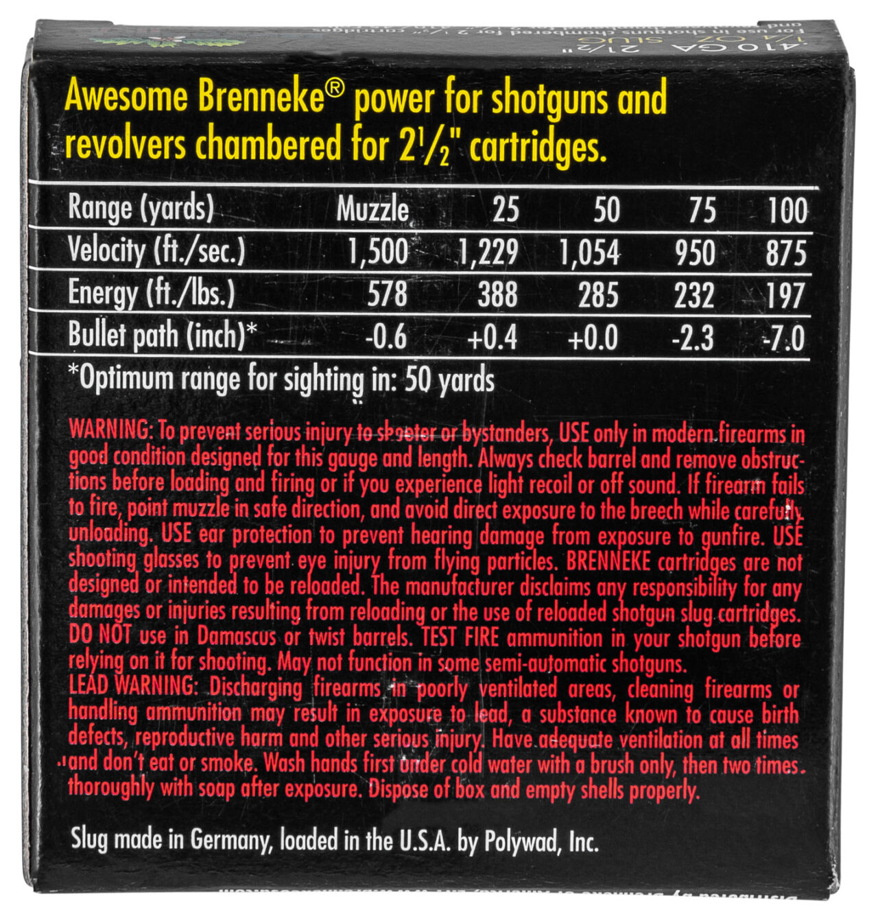 Brenneke SL4102CE Close Encounter Home Defense 410 Gauge 2.50" 1/4 oz Sabot Slug Shot 5 Per Box/ 90 Cs - Image 3